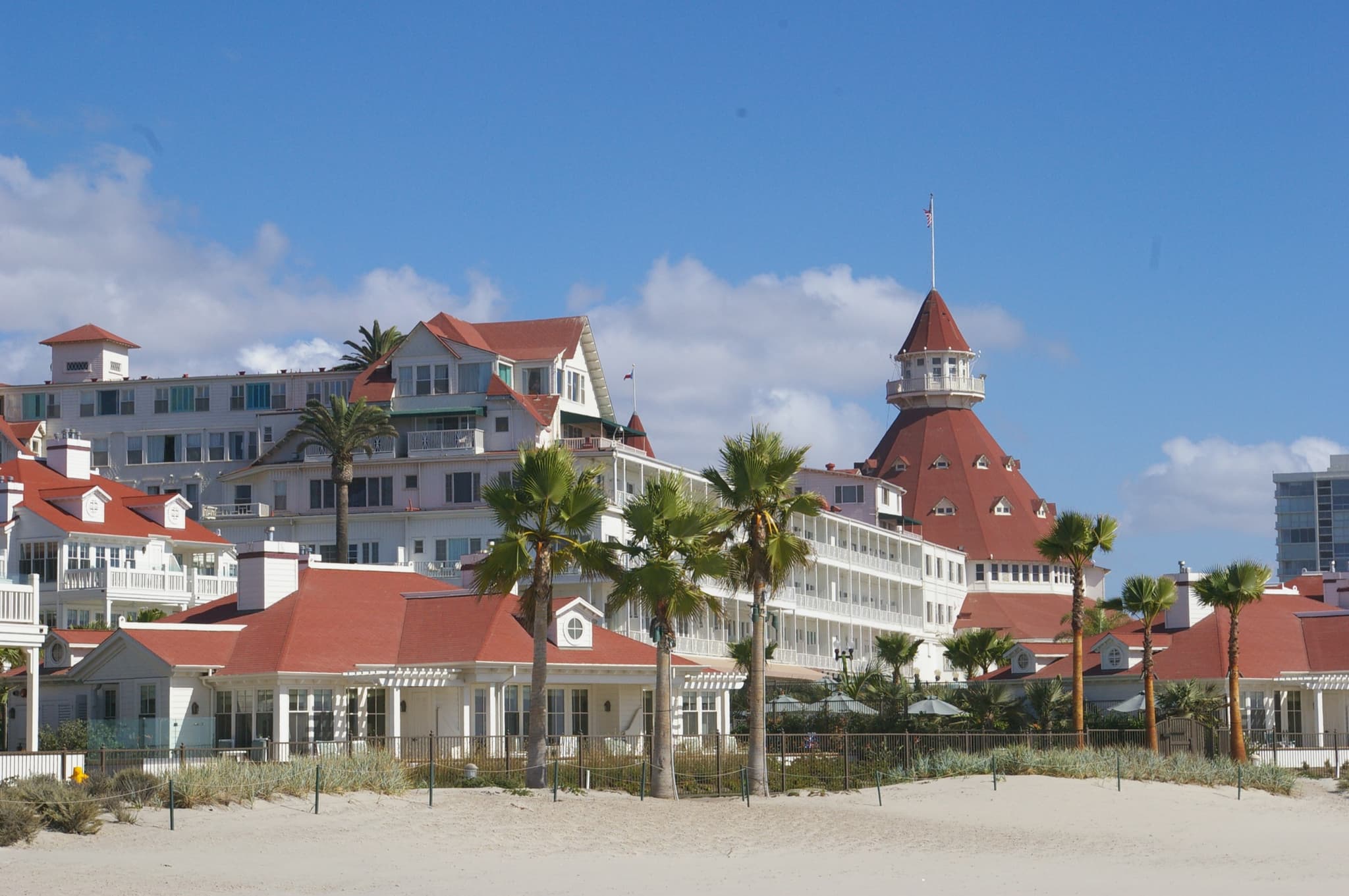 The Hotel del Coronado's white wings and red conical turret behind palm trees and a sandy beach.